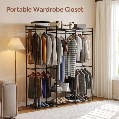 Portable Wardrobe Closet, Triple Column, Clothes Rack for Bedroom with Hanging Areas and Storage Shelves, Tall Freestanding Clothes Organizer