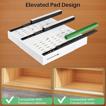 2 Pack Pull out Cabinet Organizer, Expandable Width(14"-24"), Depth(13"-24") with 3 Rails, Slide Out Drawers With Raising Pad for Framed Cabinets, with Adhesive Film for Cabinets in Kitchen, White