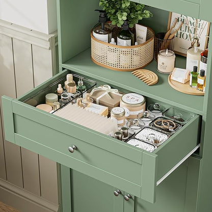 Tall Bathroom Storage Cabinets with Drawer, Modern Linen Cabinet with Doors & Shelves, 67"H Tall Storage Cabinet Freestanding for Bathroom, Dining Room, Kitchen & Pantry, Laundry, Narrow Corner, Green