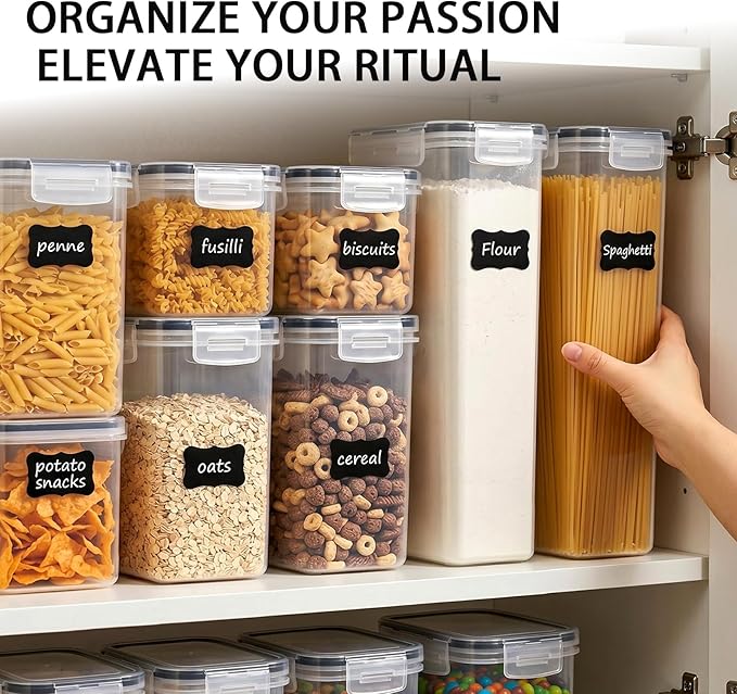 30 PCS Airtight Food Storage Containers with Lids, BPA Free Clear Plastic Kitchen and Pantry Organization and Storage Set for Flour, Sugar, Cereal, Pasta, Includes 30 Labels and Marker