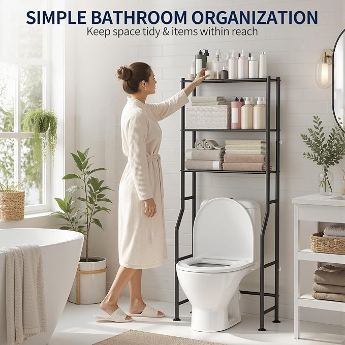 GloTika 3-Tier Over Toilet Storage Rack, Metal Over Toilet Bathroom Organizer Shelf, Freestanding Space Saver Storage Shelves for Bathroom/Laundry/Living Room (Black)