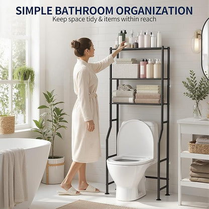 GloTika 3-Tier Over Toilet Storage Rack, Metal Over Toilet Bathroom Organizer Shelf, Freestanding Space Saver Storage Shelves for Bathroom/Laundry/Living Room (Black)