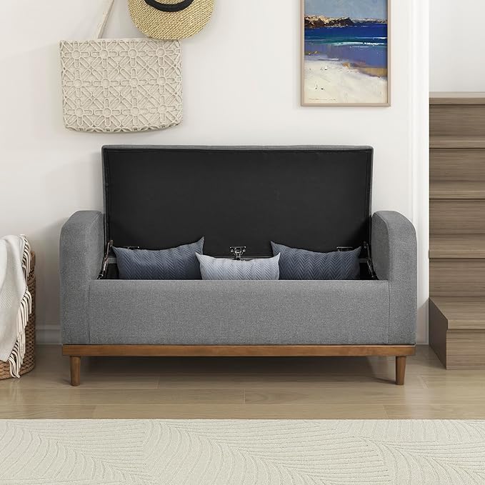 Lexicon Armed Fabric Storage Bench, Button-Tufted Storage Ottoman Bench, Lift-top Bench with Solid Wood Frame and Legs for Hallway, Bedroom End of Bed, Entryway, Living Room, Grey