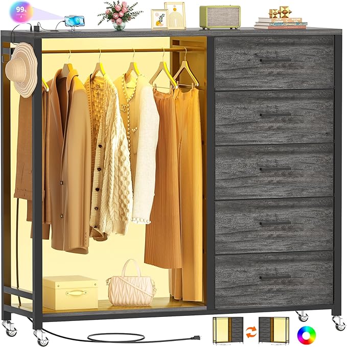 Cyclysio Dresser with Hanging Rack, 5 Fabric Drawers Dresser with Clothes Rack, Wooden Top Storage Chest of Drawers with Charging Station & LED Lights, Lockable Wheels, Closet