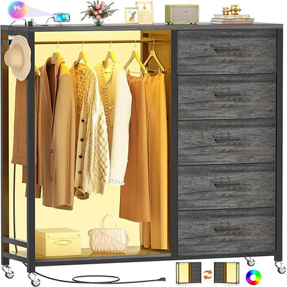 Cyclysio Dresser with Hanging Rack, 5 Fabric Drawers Dresser with Clothes Rack, Wooden Top Storage Chest of Drawers with Charging Station & LED Lights, Lockable Wheels, Closet