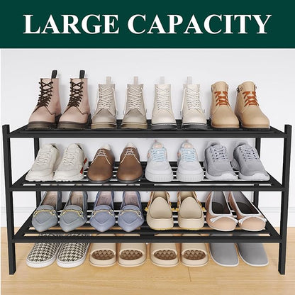 Smiry Long Bamboo Shoe Rack 3-Tier, Stackable Wooden Shoe Organizer for Entryway & Closet, Free Standing Wood Shoe Storage Shelf for Front Door & Small Spaces, Black