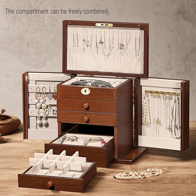 Lockable Wooden Jewelry Box for Women - 8-Layer Dresser Top Jewelry Boxes and Organizer with Key,Large Storage for Necklaces,Solid Wood Jewelry Organizers with Necklace Hooks