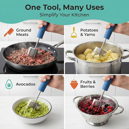 Stainless Steel Meat Chopper & Masher | Dishwasher Safe| 6-Blade Ground Beef Chopper Tool | Hamburger Smasher | Oversized Ergonomic Handle | Soft Grip - 9" (Lagoon Blue)