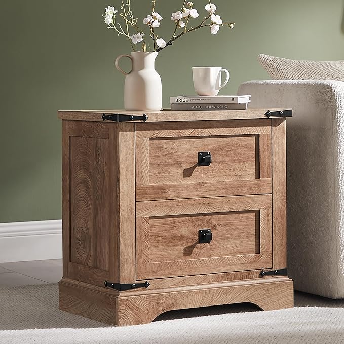 T4TREAM 24" Farmhouse Nightstand with Charging Station Set of 2, Large End Table with 2 Storage Drawers, Rustic Wood Sofa Bedside Table for Bedroom, Light Knotty Oak