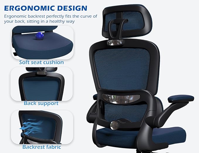 TRALT Ergonomic Office Chair - Desk Chair with Adjustable Headrest Lumbar Support Computer Chair - Mesh Comfy Chair with Flip-up Armrests - Gaming Chairs for Adults Home Office (Leather, Navy Blue)
