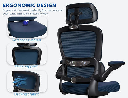 TRALT Ergonomic Office Chair - Desk Chair with Adjustable Headrest Lumbar Support Computer Chair - Mesh Comfy Chair with Flip-up Armrests - Gaming Chairs for Adults Home Office (Leather, Navy Blue)