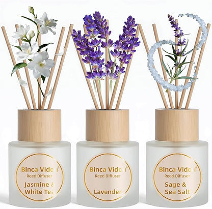 Reed Diffuser Set of 3, Binca Vidou Lavender, Jasmine & White Tea, Sage & Sea Salt Natural Scent Oil Diffusers with Sticks for Home Office Bathroom Aromatherapy Decor 1.69oz x 3