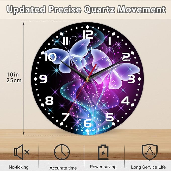 Clock for Living Room, The Abstract and Wonderful Butterfly Under The Starry Sky Wall Clock, Contemporary Home Decor Easy to Read Wall Clock for Living Room, Bedroom, Bathroom and Kitchen, 10 Inch