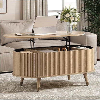 SULIVES Oval Coffee Table with Storage, Multifunctional Coffee Table with Lifting Top, Small Fluted Center Table for Living Room, Oak