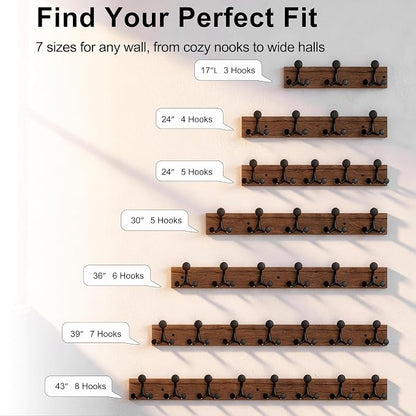 SKOLOO 30-Inch Wood Coat Rack Wall Mount with 5 Triple Hooks - Ideal for Family Entrances, Classrooms, and Pet Supplies Storage - Perfect Coat Hooks for Wall,Charred Golden Brown