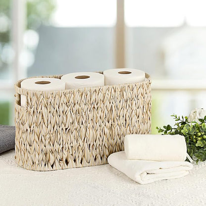 Sumnacon Toilet Paper Storage Basket Freestanding, Woven Toilet Paper Holder Stand with Handle, Decorative Narrow Bathroom Baskets Sturdy Plastic Organizer Bin for Tissue Rolls, Toiletries, Towels