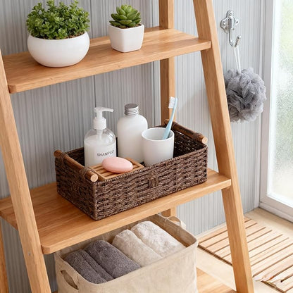 Brown Toilet Basket for Toilet Paper, Wicker Storage Basket with Wooden Handles, Handwoven Paper Rope Toilet Tank Basket, Decorative Basket for Toilet Countertop, Bathroom Baskets for Organizing