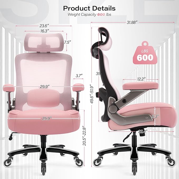 600lbs Big and Tall Office Chair- Heavy Duty Executive Computer Chair with 3D Flip Arms Large Wheels, Ergonomic Mesh High Back Desk Chair, Extra Wide Seat Adjustable Lumbar Support&Headrest