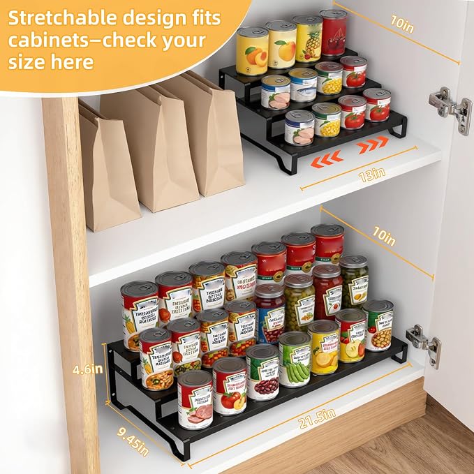 Attelite 3 Tier Expandable Can Rack Organizer for Pantry, Adjustable 13"-21" Metal Soda Can Organizer, Pantry Organization Canned Food Storage Holder for Kitchen Cabinet Countertop, Black 2Pack