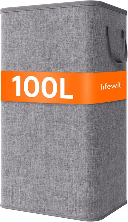 Lifewit 100L Large Tall Laundry Hamper, Collapsible Laundry Basket with Handles, Foldable Clothes Hampers for Laundry, Portable Dirty Clothes Hamper for Dorm College Bedroom Bathroom, Light Gray