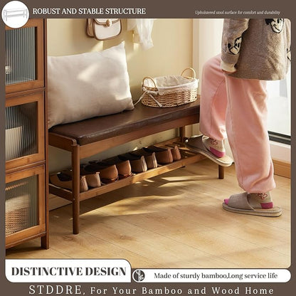 Shoe Rack Bench Entryway Bamboo Shoe Storage Bench with Leather Cushion 2 Tiers Shoe Rack Entryway Bench for Hallway, Living Room,Bedroom(Walnut Bench top+Brown Frame)