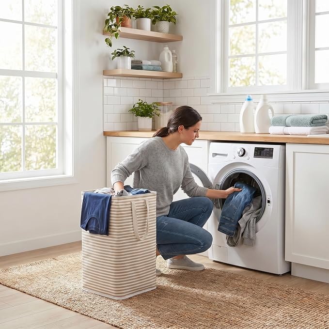 efluky Slim Laundry Basket, Narrow Laundry Hamper with Handles, Collapsible Dirty Clothes Hamper, Tall Laundry Bin for Laundry Room, Dorm and Bedroom, 80L, Striped Brown