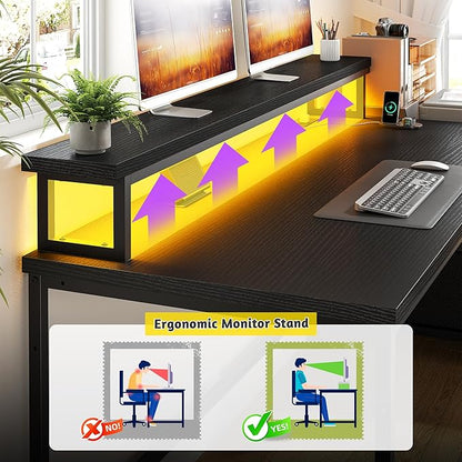 Gaming Desk with Monitor Stand,Computer Desk with LED Lights &Power Outlets,Office Desk with Drawers & Printer Shelf,Writing Table with Side Storage Bag,57" W x 20" D x 36" H,Black Desk
