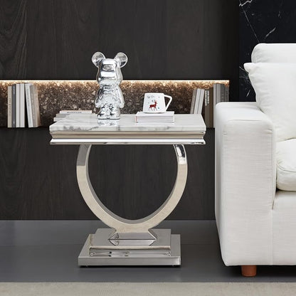 3 Piece Living Room Table Set Include 1 Faux Marble Coffee Table & 1 End Table & 1 Console Table, Modern White Silver Coffee Table Set of 3 with Double O Shape Stainless Steel Pedestal Base