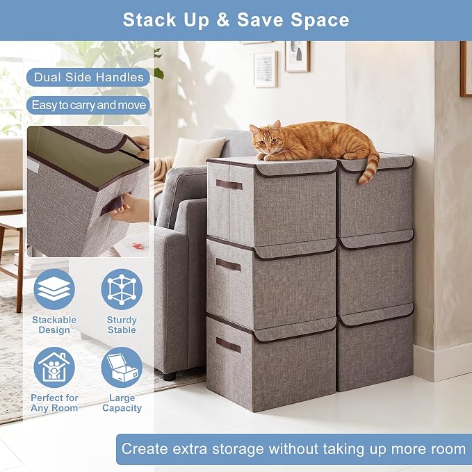 Bagnizer Large 17" 42 Quarts Collapsible Stackable Storage Bins with Lids [3-Pack] Foldable Fabric Linen Storage Boxes Cube, Closet Organizer Baskets with Label for Home (16.7 x 12 x 12, Gray)