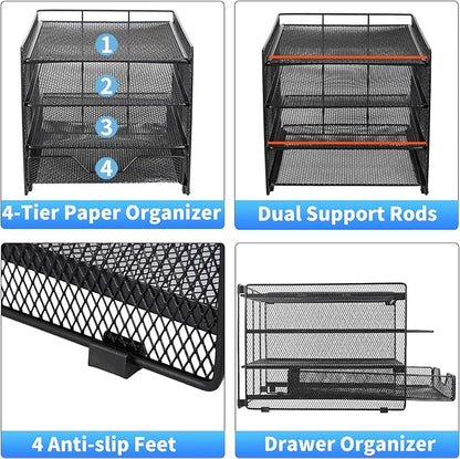 OPNICE Desk Organizers and Accessories, 4-Tier Desktop File Organizer with Drawer, Office Desk Accessories & Workspace Organizers for Office, Home Supplies(Black)