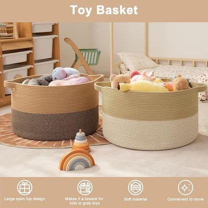 OIAHOMY 115L Extra Large Blanket Basket for Living Room, 23.6" x 15.4" Woven Cotton Rope Laundry Basket for Organizing Pillows, Decorative Stuffed Animal Toy Storage for Nursery, Jute and White