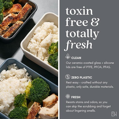 BRIVARA HOME Ceramic Coated Glass Food Storage Container | No PTFE, PFOA, PFAS, and BPA | Reusable Non Toxic Meal Prep Container with Glass Lid | Easy To Store | 5 Cup Square [Crema]