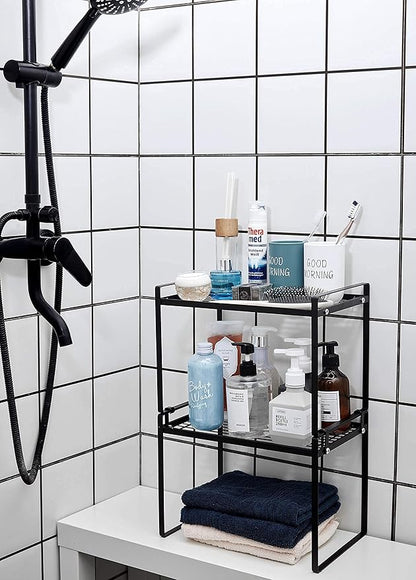 Shantton 2pk Kitchen Cabinet Shelf Counter Organizer Rack Pantry Storage Bathroom Bedroom Office Table Desk Space Saving Steel Frame Stackable Rust Resistant Non Slip Black-Tall-L13in W8.3in H9.5in