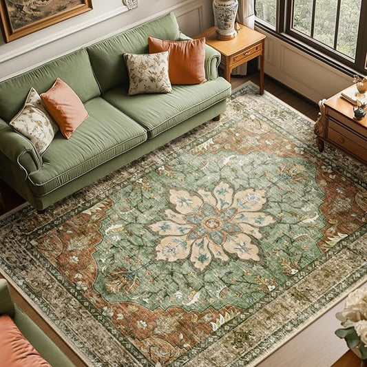 RELEANY Area Rugs 8'x10' Washable Non-Slip, Floral Vintage Distress Medallion Carpet for Living Room Bedroom Dining Room, Terracotta Burnt Orange Green