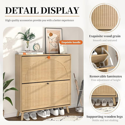 Shoe Storage Cabinet for Entryway with 2 Flip Drawers, Narrow Wood Shoe Cabinet with Fluted Panel, Freestanding Hidden Shoe Organizer for Foyer, Hallway (Wood Color)