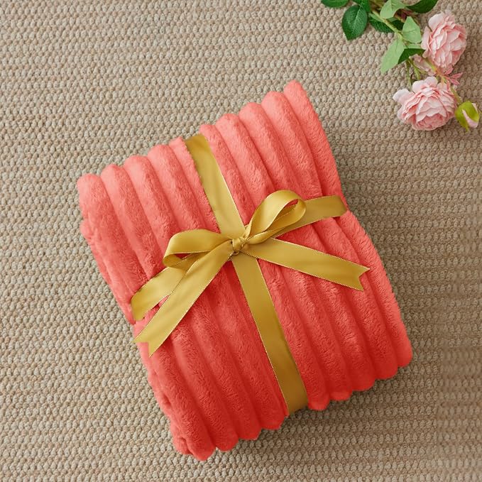 BEDELITE Twin Blanket for Couch & Bed, 300GSM Soft & Warm Fleece Blanket, Decorative and Giftable Striped Coral Red Blankets for Women, Men, 60"x80"