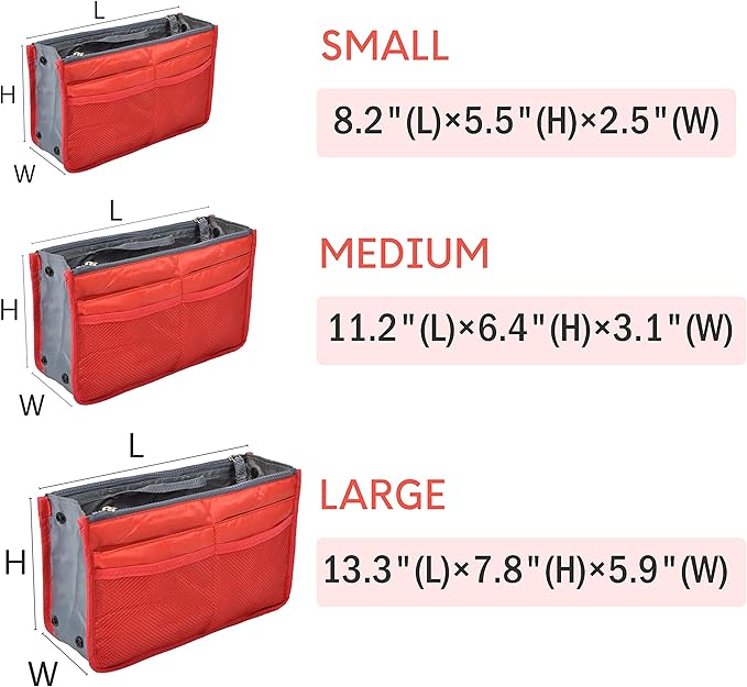 Vercord Purse Organizer Insert for Handbags Bag Organizers Inside Tote Pocketbook Women Nurse Nylon 13 Pockets Red Small