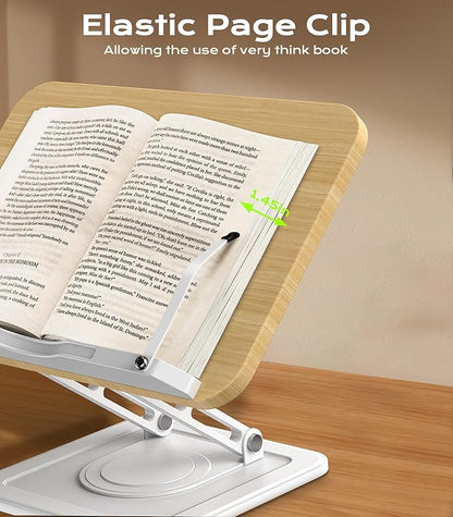 Book Stand for Reading, Adjustable Book Holder with 360°Rotating Bases, Ergonomic Cookbook Stand Recipe Book Holder with Elastic Page Clips for Magazines, Tablets, Laptops,White