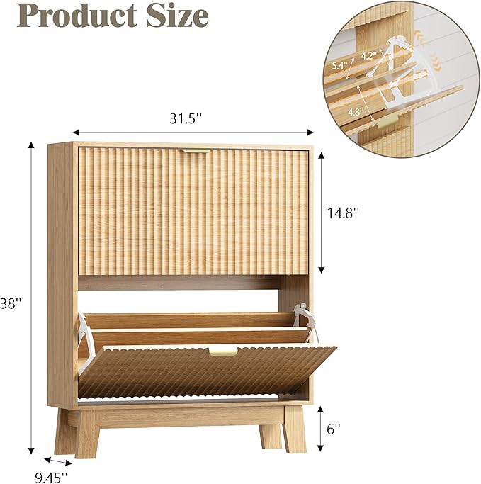 Shoe Cabinet Storage for Entryway with 2 Flip Drawers, Fluted Narrow Shoe Organizer with Wooden Legs, Freestanding Slim Shoe Storage Hidden Shoe Rack Organizer for Front Door Entrance, Oak
