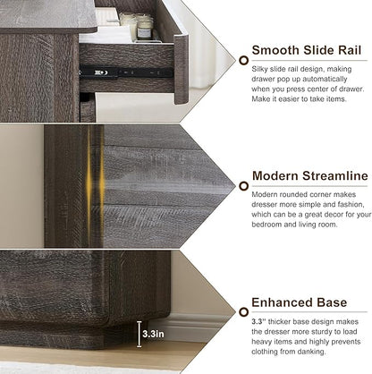 ACCOHOHO Modern 6 Drawer Dresser for Bedroom, 52" Wide Wooden Dressers with Large Storage,Handleless Chest of Drawers TV Stand for Living Room & Hallway, Curved Profile Design, Grey