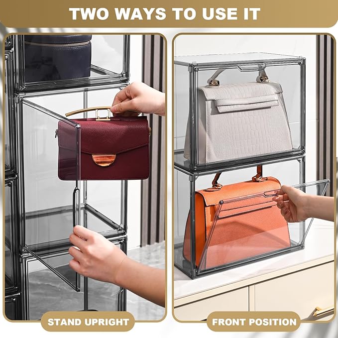 ULENDIS 4 Pack Handbag Storage Organizer for Closet, Transparent Gray Acrylic Display Case for Handbag Purse, Stackable Storage Organizer with Magnetic Door for Wallet Book Cosmetic Toys Display