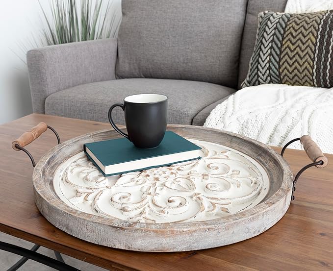 Kate and Laurel Hillrose Round Wooden Tray, 18 inch Diameter, Rustic Brown and White, Decorative Tray for Serving, Display, and Storage