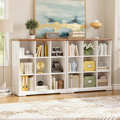 IRONCK Wooden 9 Cube Storage Organizer, Cube Shelf Organizer with Storage, Farmhouse Short Bookshelf for Bedroom, Living Room and Home Office, White