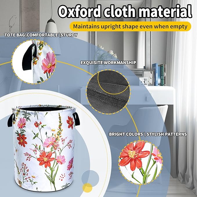 NUTAINLA Beautiful Flowers Laundry Basket Pink Red Floral Foldable Oxford Cloth Funny Tote Bag Laundry Hamper Clothes Storage Bucket Toy Organizer For Bathroom/Laundry Storage/Bedroom 18.9x16.5 Inch