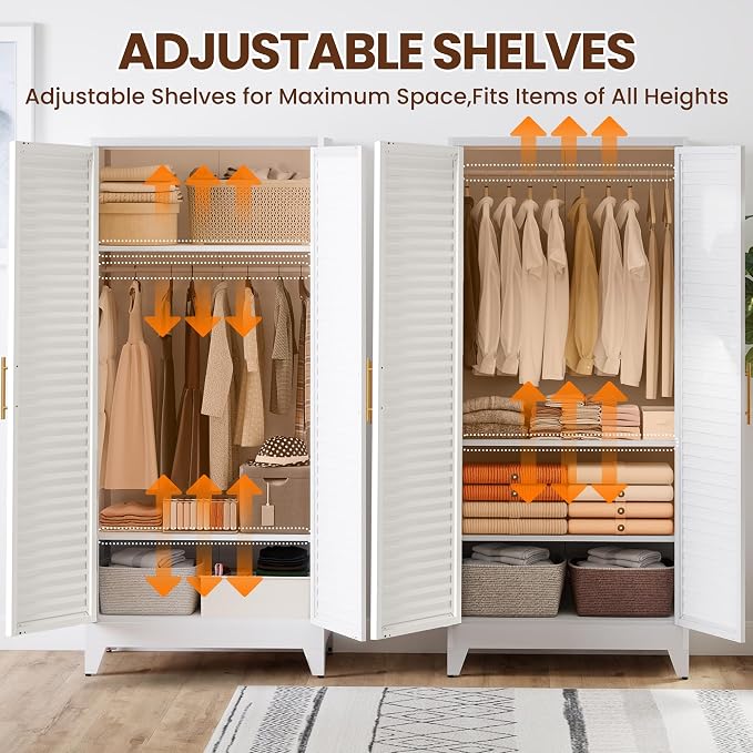 Metal Armoire Wardrobe Closet, 71" Clothing Storage Cabinets with Adjustable Hanging Rod, Louvered Doors, 2 Side Hooks & 2 Adjustable Shelves - Closet Cabinet for Bedroom, Laundry Room, Cloak Room