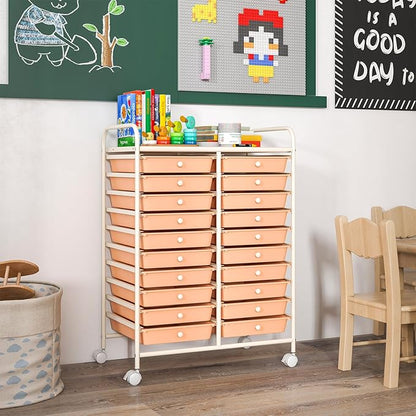 GOFLAME 20-Drawer Rolling Storage Cart, Multifunctional Art Craft Organizer Cart, Mobile Utility Storage Cart with Removable Drawers & Lockable Wheels, Craft Cart for Home Office, Peach Fuzz