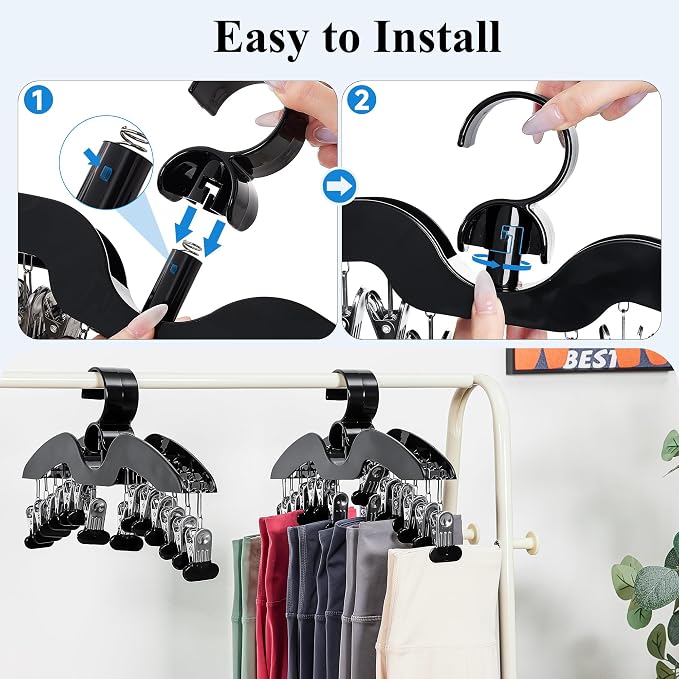Leggings Hangers for Closet, Black Pants Hangers with Clips Space Saving, 2-Pack Closet Organizers and Storage Hanging 28 Leggings for Dorm Room Gym Organization