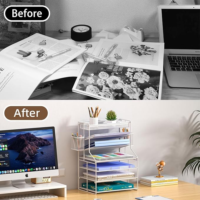 7 Tier Desk File Organizer,Metal Document Holder with Adjustable Shelves, Pull-Out Drawer & Removable Pen Holder for Office Organization,White