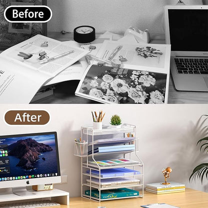 7 Tier Desk File Organizer,Metal Document Holder with Adjustable Shelves, Pull-Out Drawer & Removable Pen Holder for Office Organization,White
