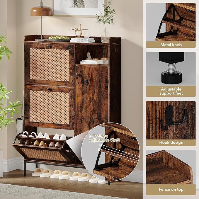 Rattan Wooden Shoe Cabinet, Freestanding 3-Flip Drawer Shoe Storage Organizer, Side Cabinet & Top Fence, Easy Assembly Shoe Rack for Entryway Hallway Living Room, Brown